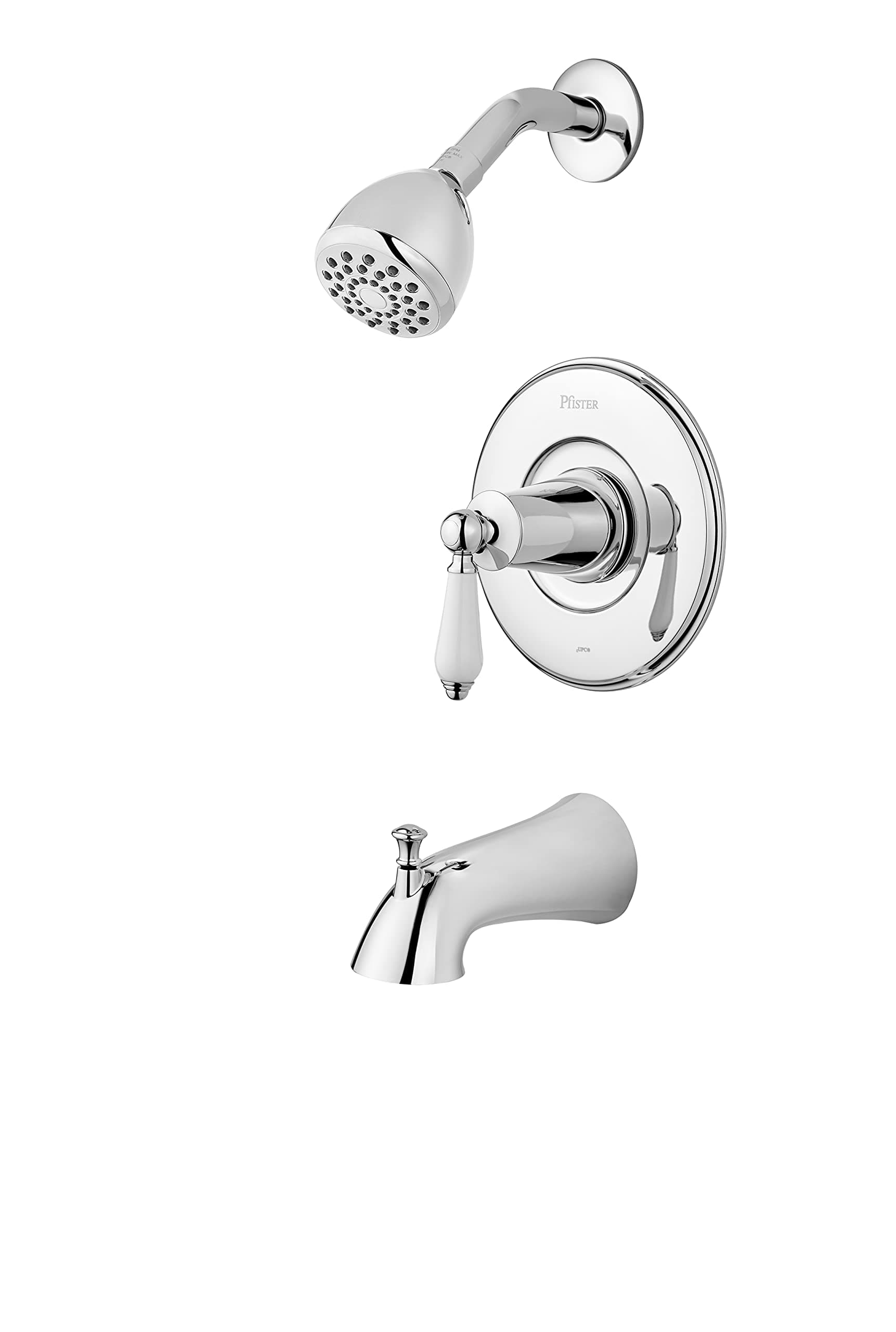 Pfister Courant Tub & Shower Trim Kit, Valve and Cartridge Included, White Ceramic Lever Handle, Polished Chrome Finish, 8P8WS2CO2SPC