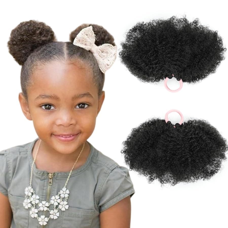 2 Packs Kid Ponytail Double Afro Puffs Kinky Curly Hair Bun For Baby Age 0-2 Natural Black Synthetic Hair (Natural Black, Afro-4inch(2pcs))