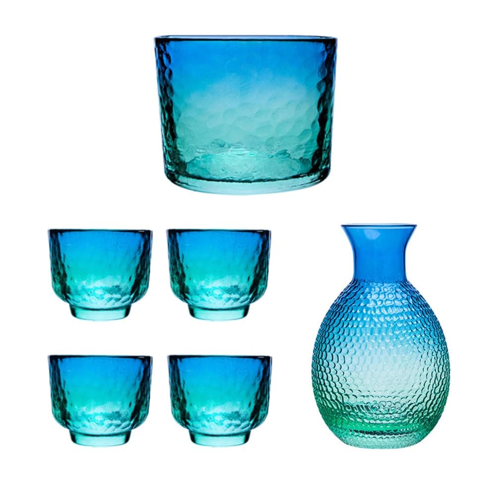 Japanese Sake Sets include 1 Sake Pot + 4 Sake Cups + 1 Bowl Tokkuri Bottle Ochoko Cups Decanter Carafe Set Glass Gifts for Saki Lover Party (blue)