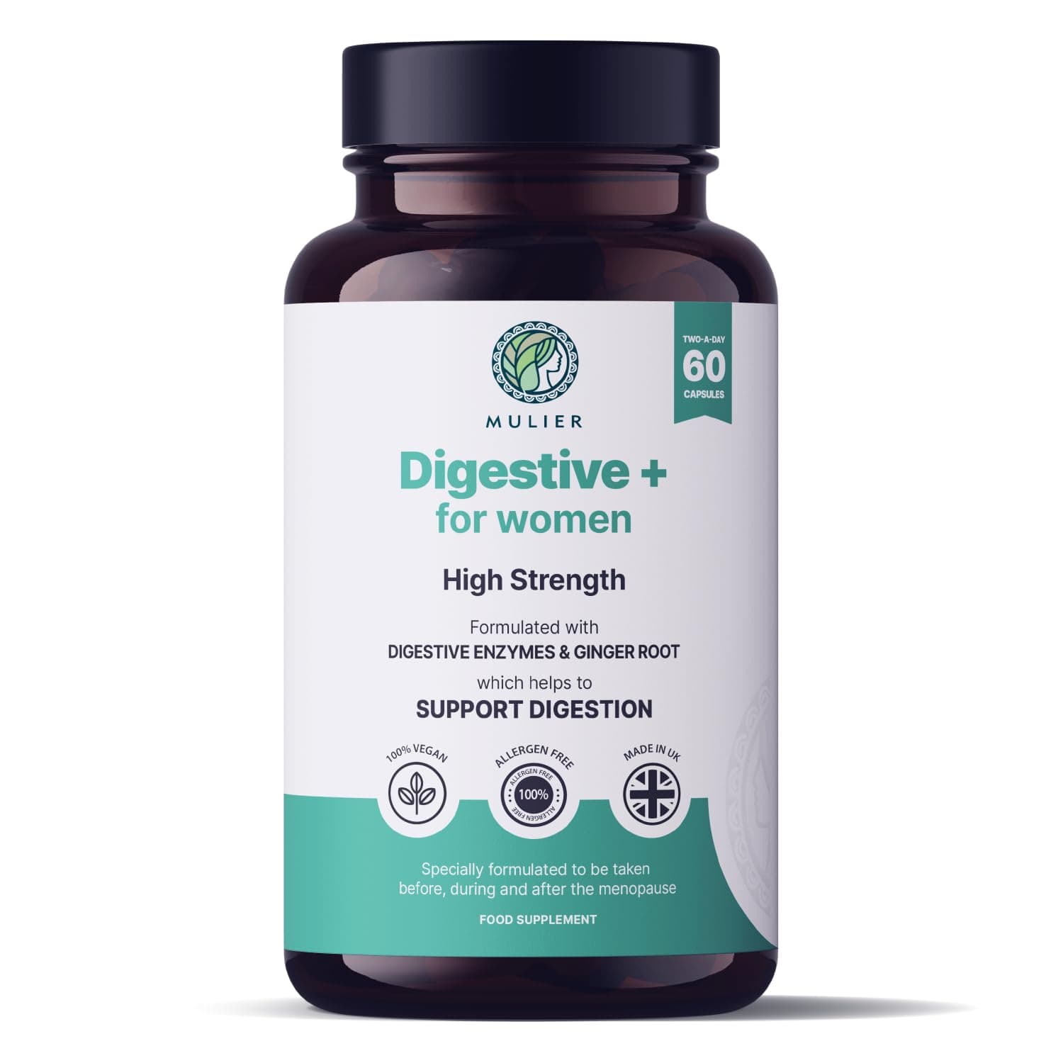 Mulier Menopause Bloating Relief, Digestive Enzyme Supplement, 10 Active Ingredients + Digestive Enzymes, Allergen Free & Vegan Friendly, 1 Month Supply, 60 Count, Gut Health