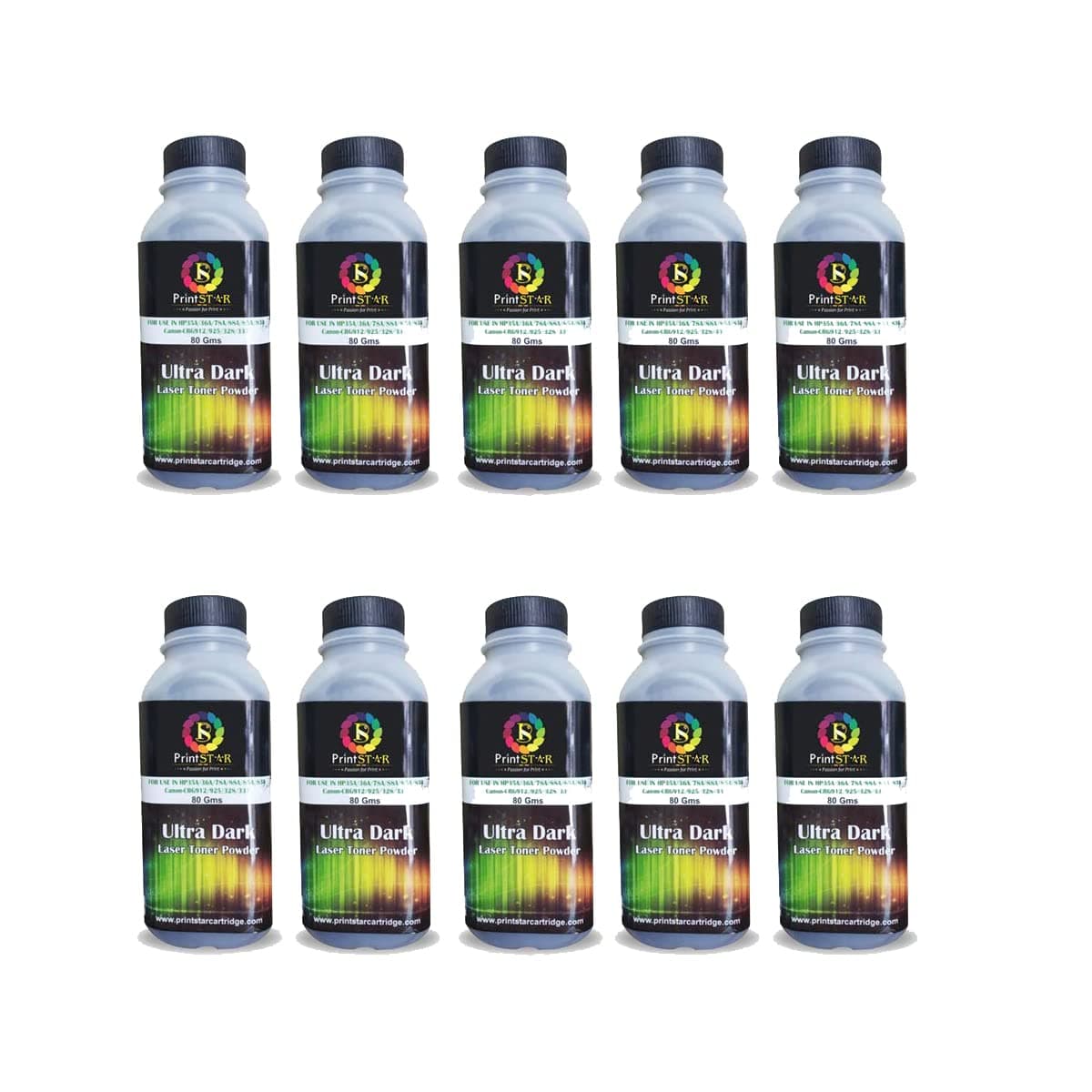 Print Star Ultra Dark Toner Powder Compatible with HP 88A, 78A, 36A, 83A, 35A, 85A and Canon 925, 328, 326, 337 Toner Cartridges | High-Yield Rich Black Printing | Easy Refill Pack of 10 (80 g Each)