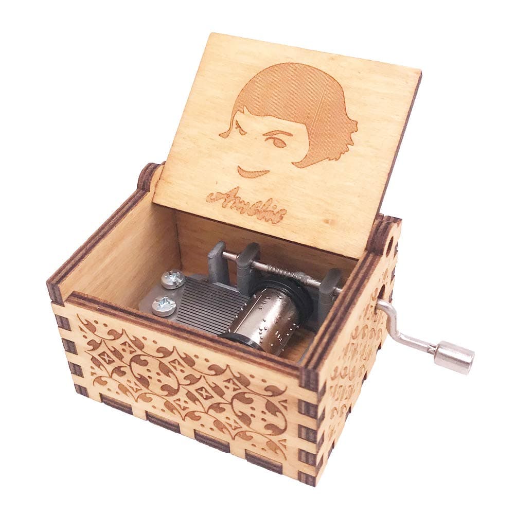 Amelie Music box Hand Crank Musical Box Carved Wooden,Play the Theme Song of Amelie,Brown
