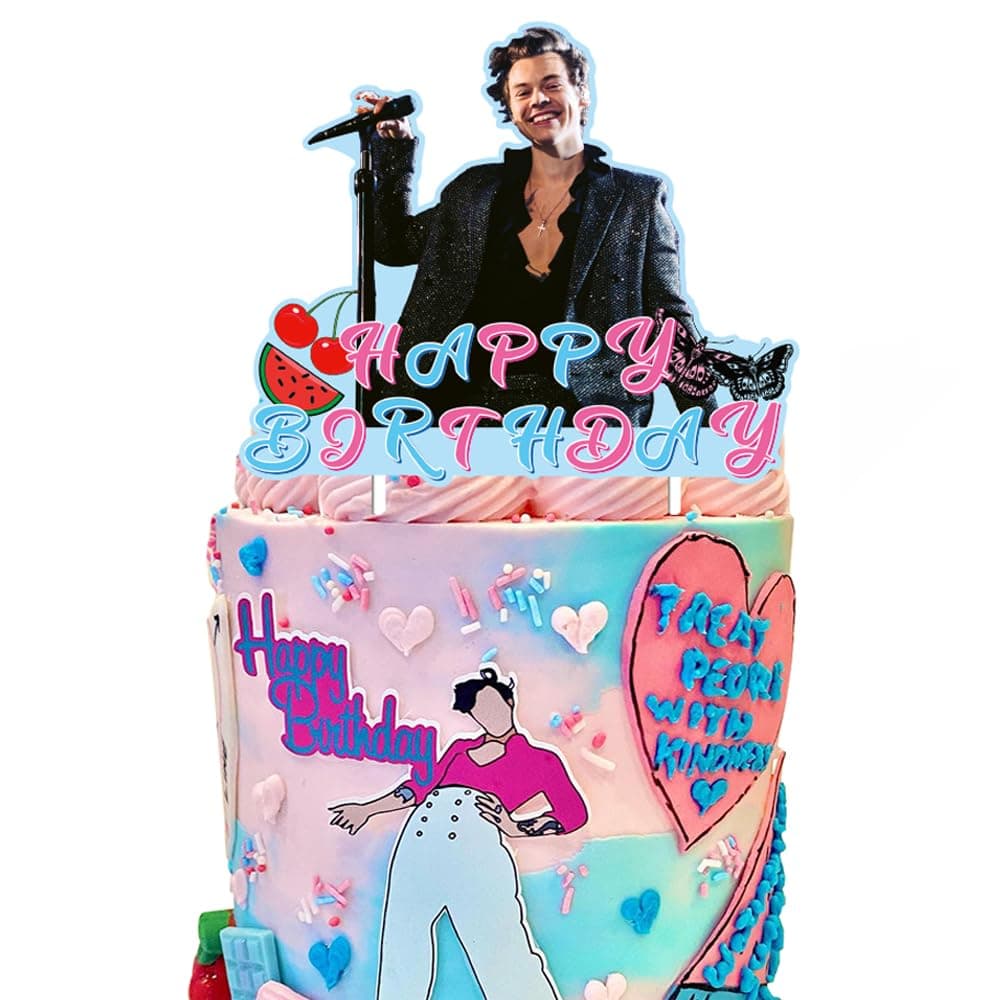 Singer Harry Cake Topper 2 Music Cake Topper Happy Birthday Theme Black Glitter Decor Picks for Silhouette Anniversary Birthday Party Decorations Supplies