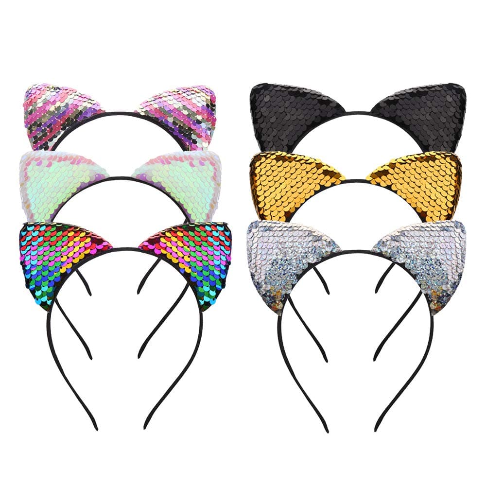 SULOLI 6 Pack Sequins Cat Ears Headband Accessories for Kids Women Party Decorations