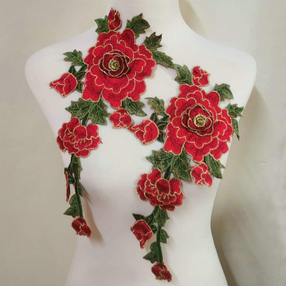 2 Pcs 3D Embroidered Sewing On Patch Flower Patch Stickers for Clothes Badge Sewing Fabric Applique Supplies (red)