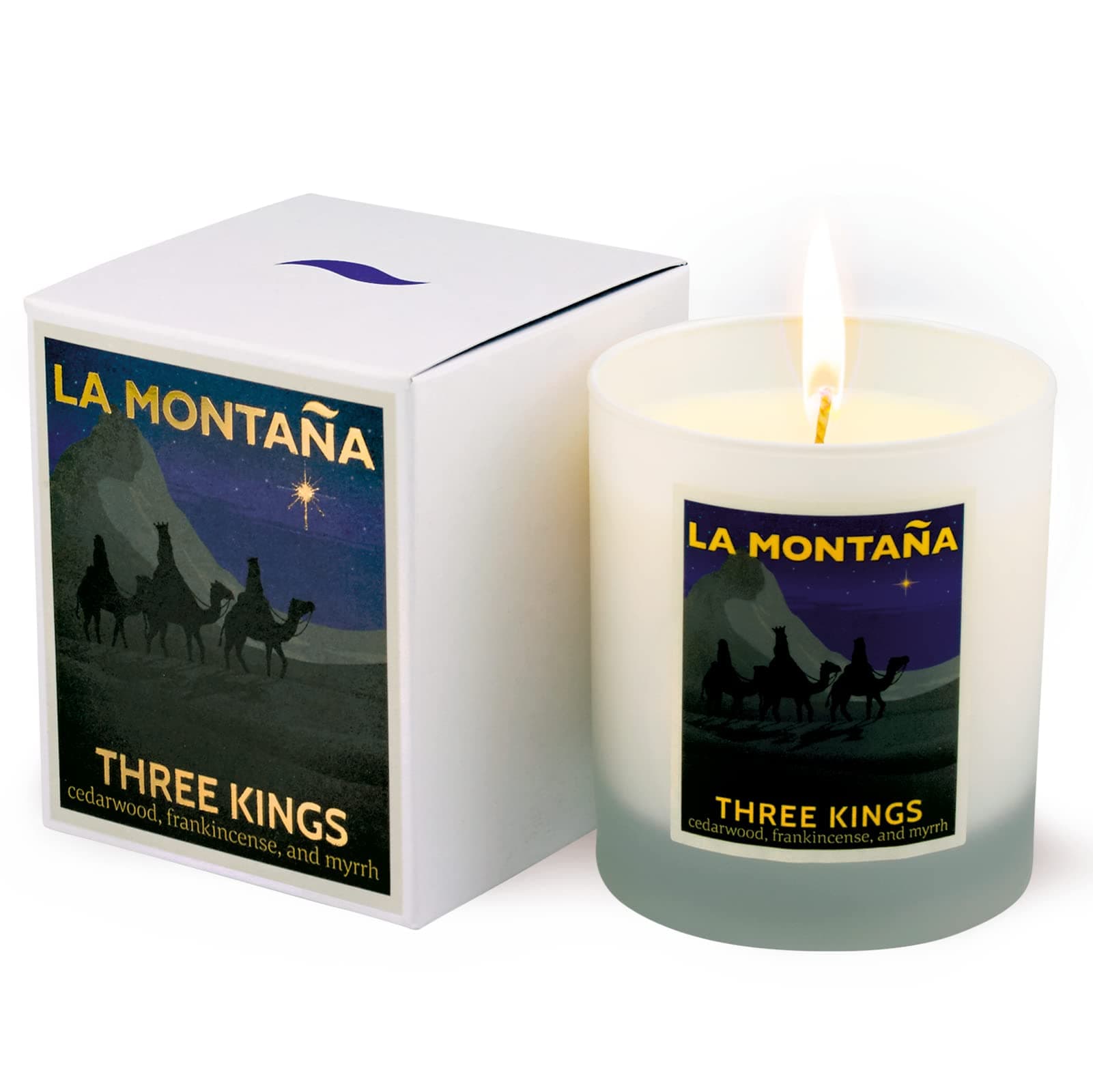 La MontañaThree Kings | Handmade, Natural & Organic Scented Candle Inspired by Spain | Luxury Candle Gift for Women | Cedarwood, Frankincense, Myrrh, Pine Needles, Turrón (Almond Nougat) & Brandy