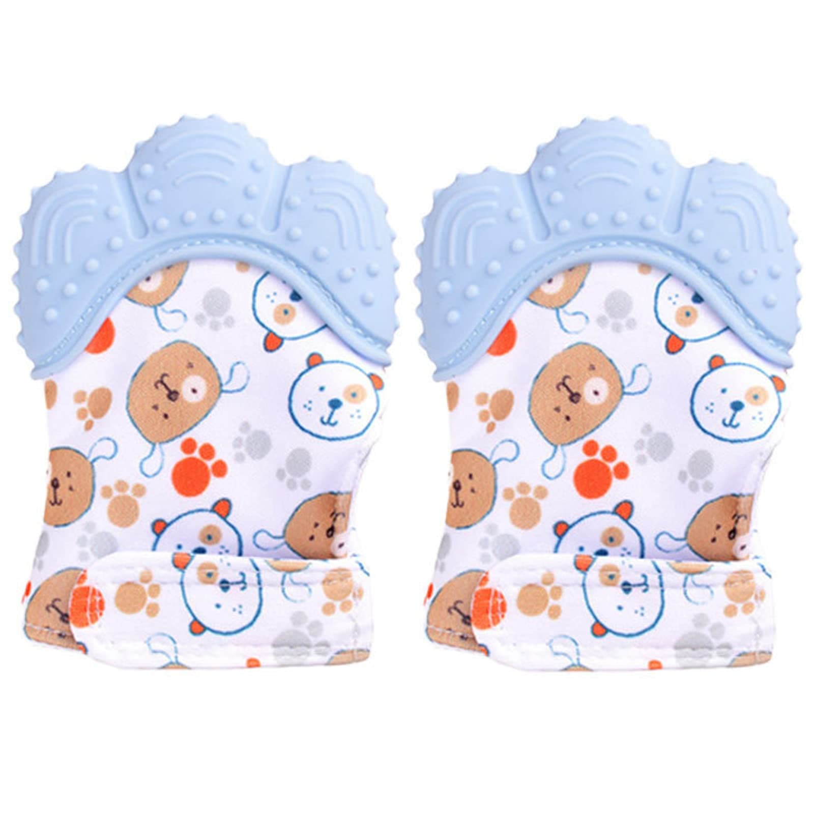 Wendergo Teething Mittens for Babies 2 Pack Baby Teething Gloves Infant Soothing Pain Relief Mitt Baby Teether Mits, Food Grade Silicone, Safe(BPA Free), Washable(Blue)