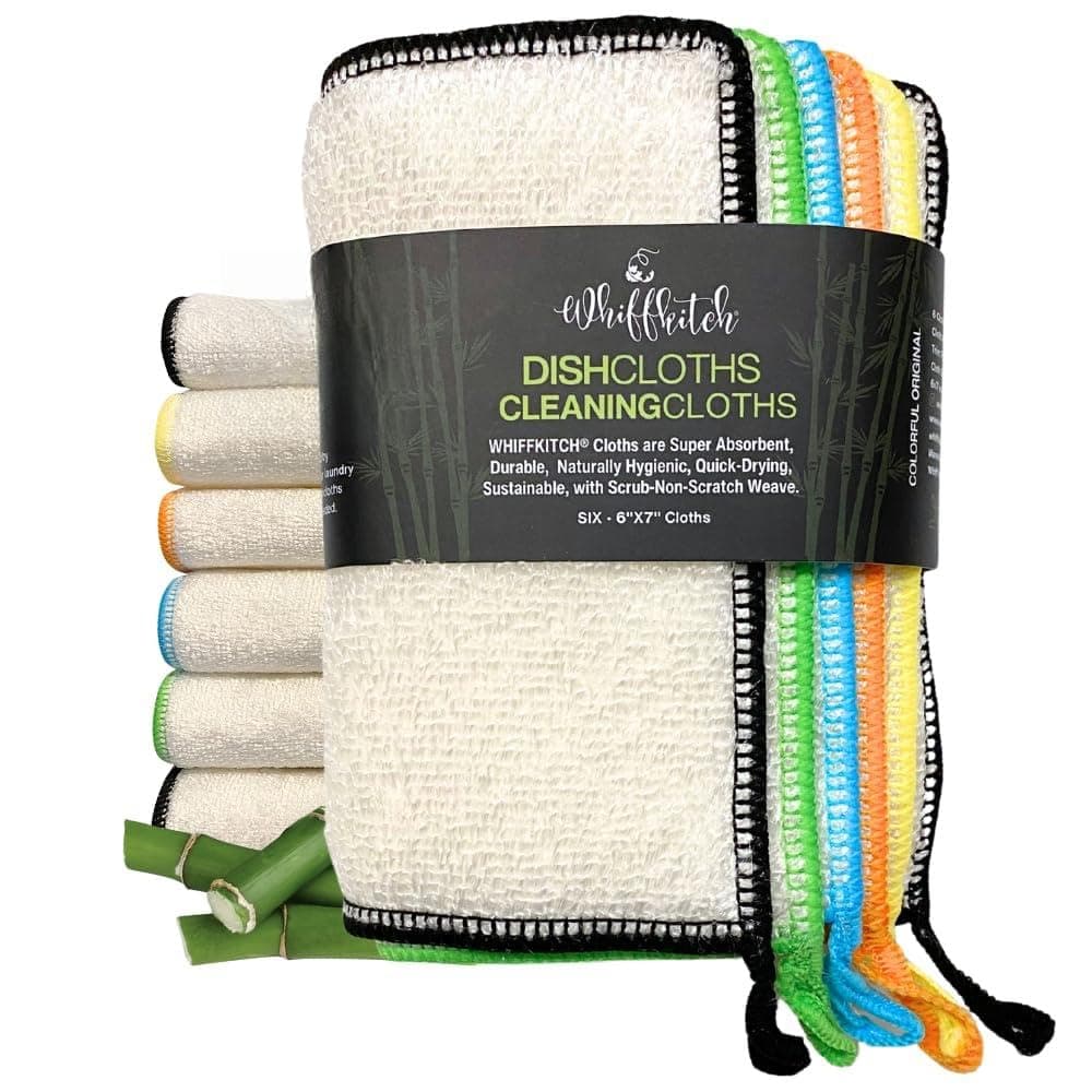 Whiffkitch Dishcloths Dishrags for Kitchen and Household Cleaning 6x7 6-Pack Non-Scratch 2-Ply Weave, Bamboo-Rayon Fabric, Absorbent, Washable, Long-Lasting