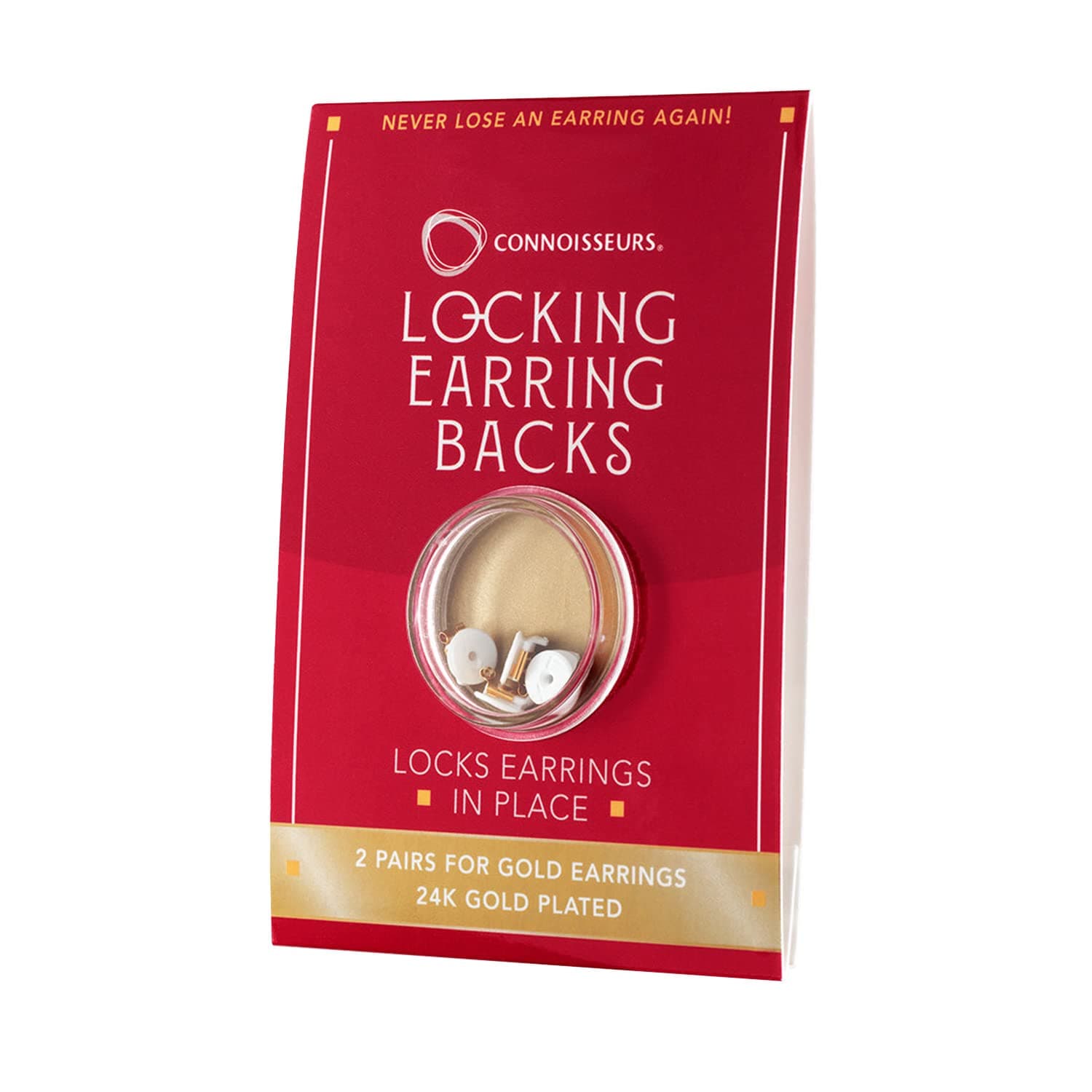 CONNOISSEURS Locking Earring Backs - Hypoallergenic Earring Backs for Studs, Hoops, and More - Never Lose an Earring Again, 24K gold-plated surgical stainless steel