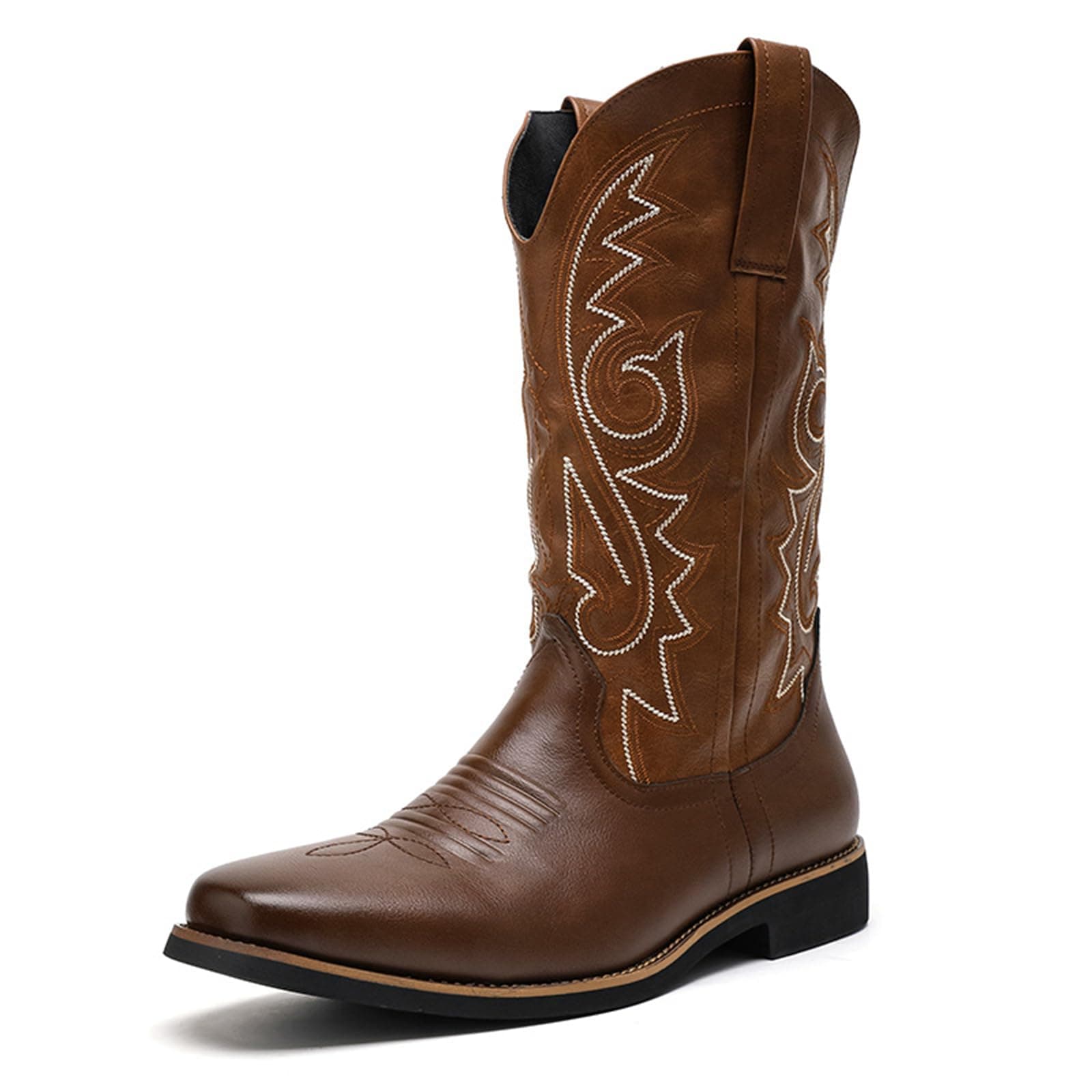 Cowboy Boots for Men Square Toe Fashion Work Boots Embroidered Leather Western Boots Traditional Country Boot for Male