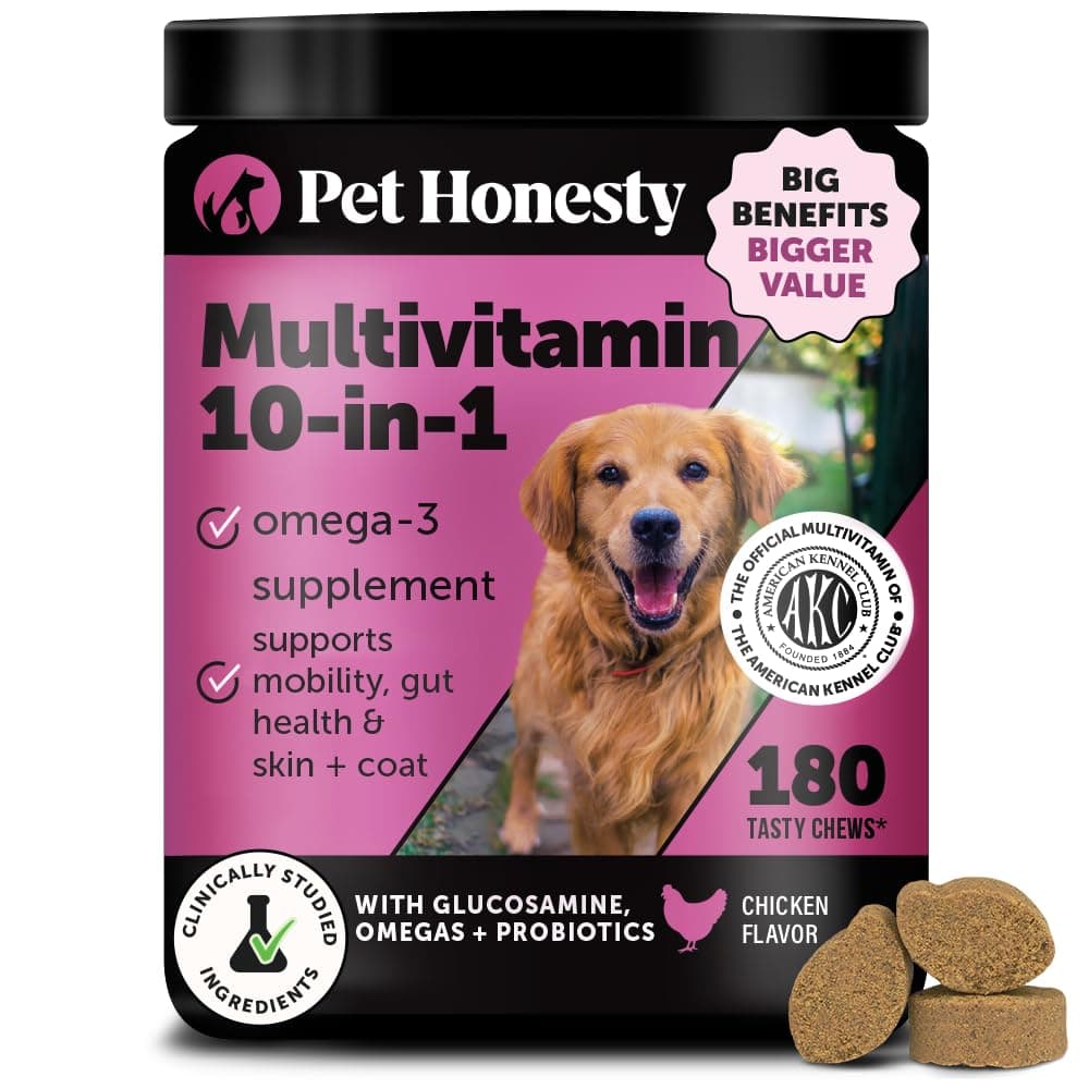 Pet Honesty Dog Multivitamin - 10 in 1 Dog Vitamins for Health & Heart - Fish Oil for Dogs, Glucosamine, Probiotics, Omega Fish Oil - Dog Vitamins and Supplements for Skin and Coat (Chicken 180 ct)