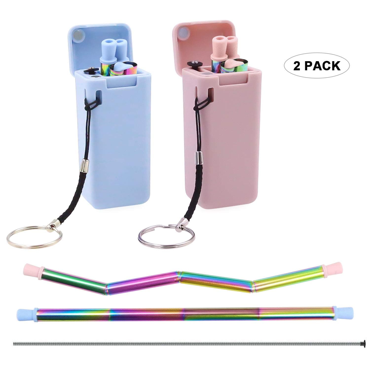 HCLKSTORE Collapsible Straw Reusable, 2 PCS Folding Portable Drinking Straw Stainless Steel Rainbow Color Food Grade Silicone Metal Straws with Keychain for Travel, Outdoor (Blue/Pink)