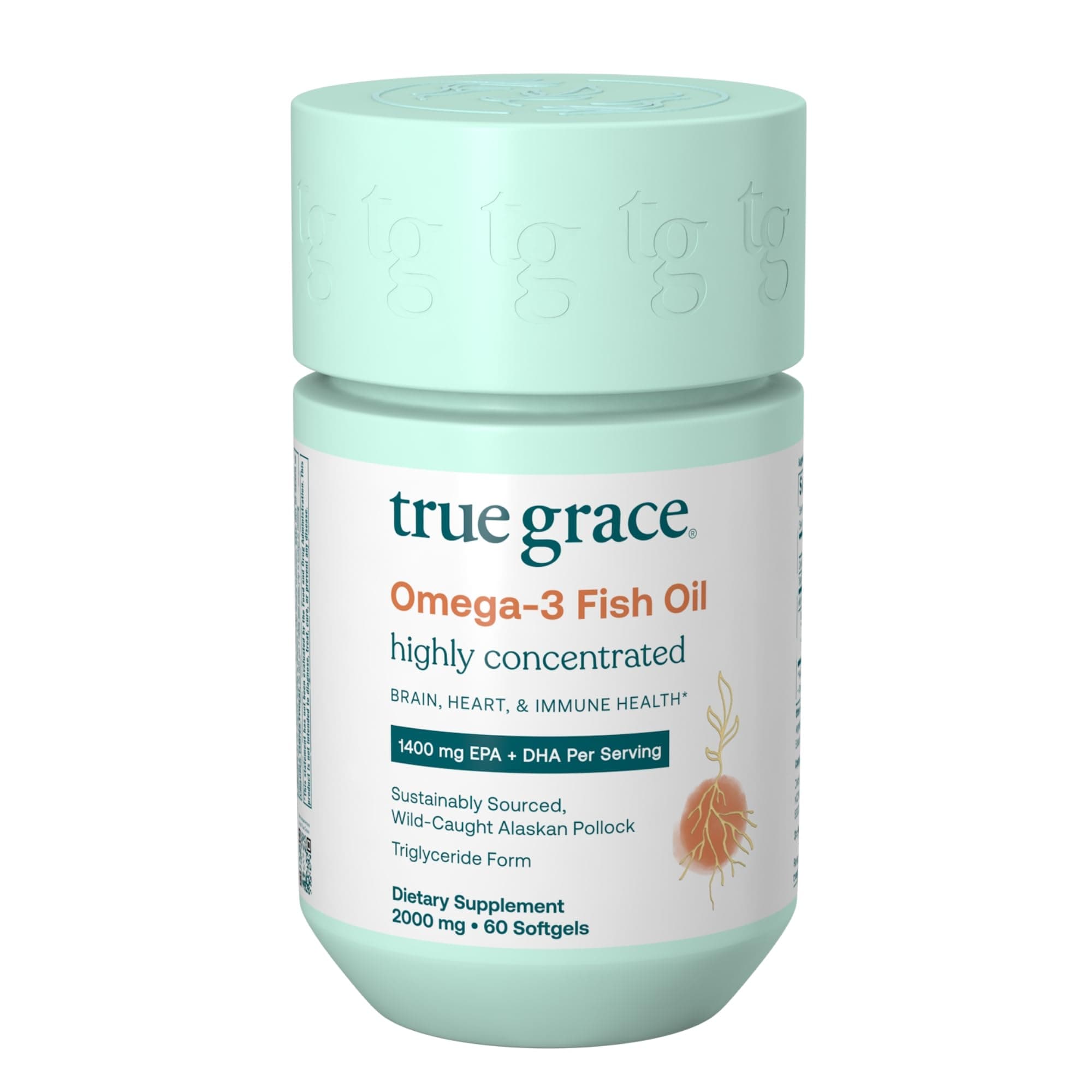 True Grace Omega-3 Fish Oil 2000mg Supplement Triglyceride Form Highly Concentrated EPA+DHA Brain, Heart, Joint & Immune Health Support - Wild-Caught, Molecularly Distilled, Purified - 60 Softgels