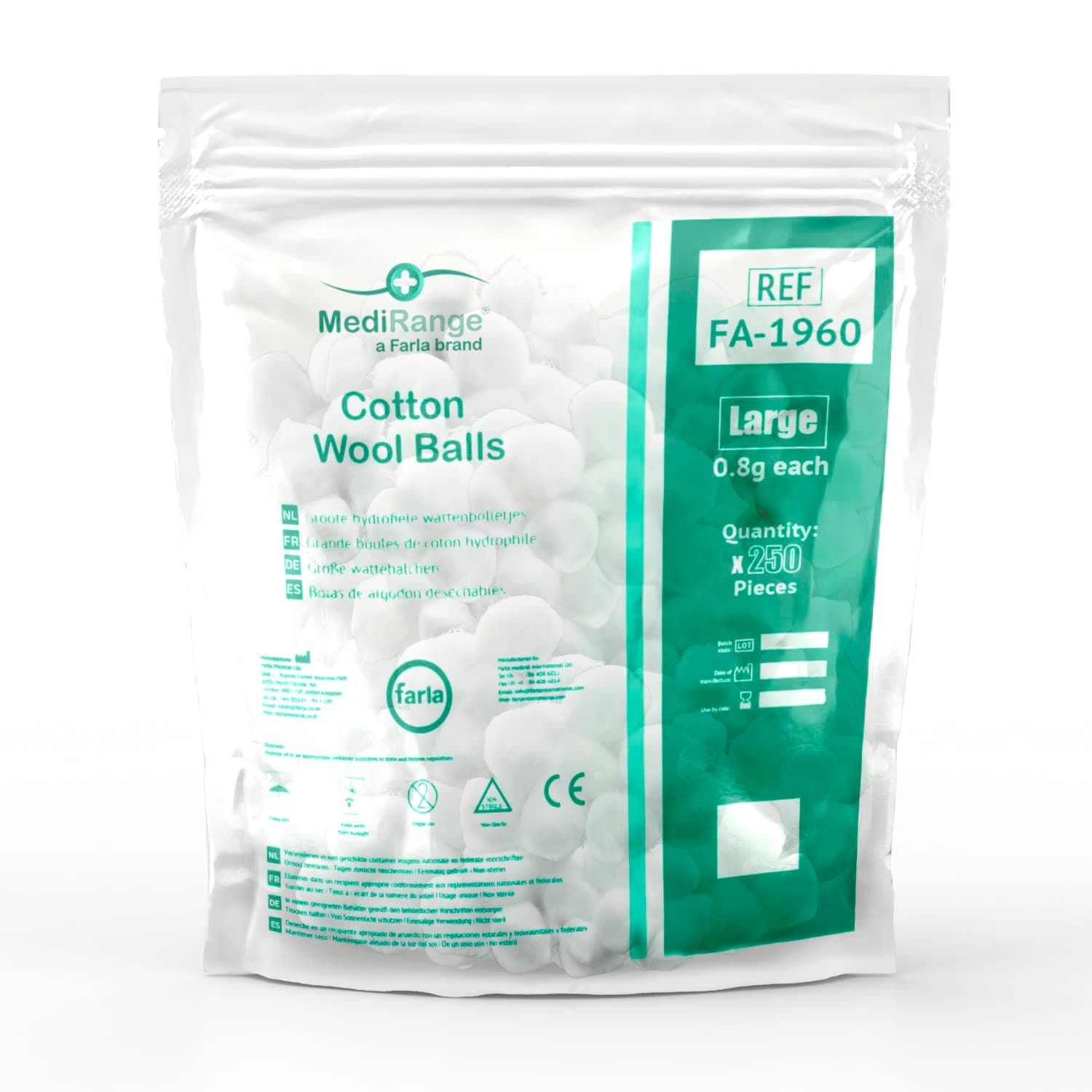 MediRange Large Cotton Wool Balls - 100% Pure Cotton - Lint-Free - for Cosmetic, Healthcare, and Beauty - Pack of 250