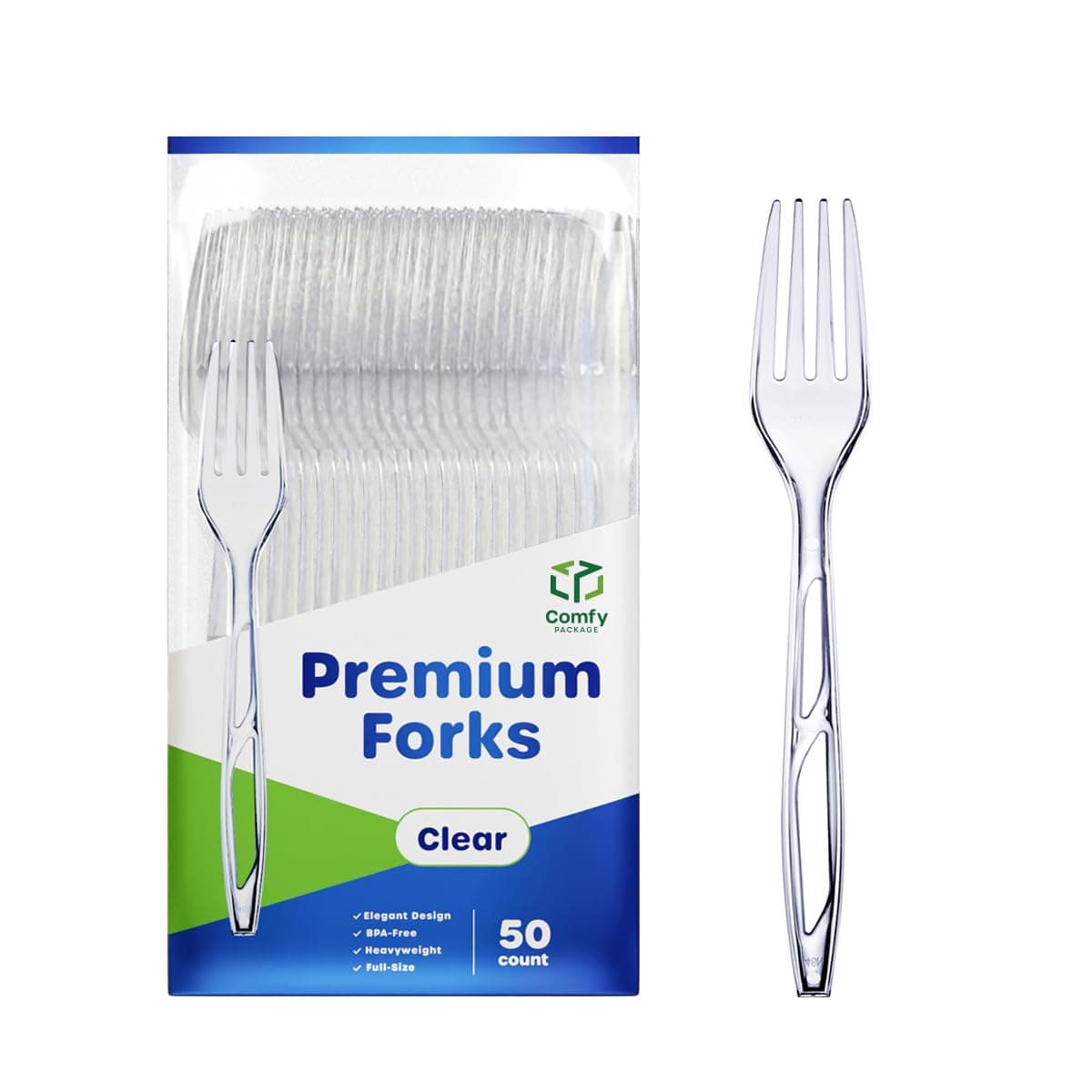 Comfy Package [50 Count] Premium Heavyweight Disposable Forks - Clear Plastic Forks, Plastic Cutlery, Perfect for Parties, Events, and Catering