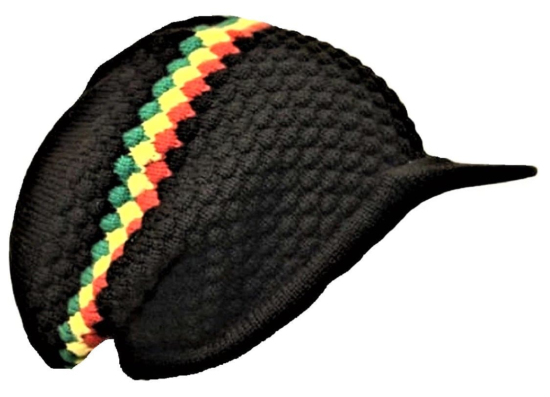 yellowospreyBlack Rasta Reggae Knitted Beanie Hat with Peak Slouch Baggie Bob Marley Style