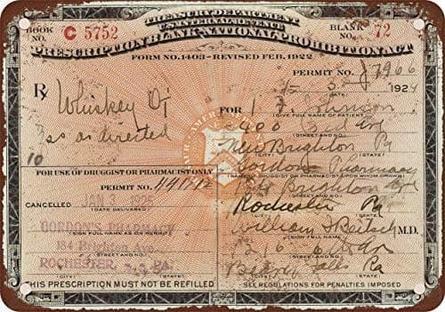 Tin Sign 1924 Prescription for Whiskey During Prohibition Vintage Look Metal Tin Sign 12X8 Inches Club Restaurant Gift Vintage