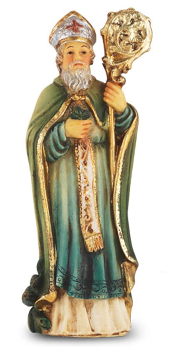 Hand Painted Resin St Saint Patrick Statue with Prayer Card, 4 Inch