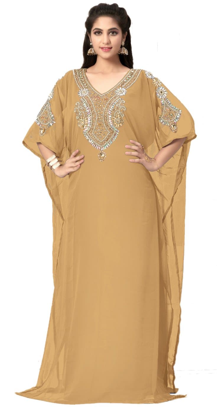 Women's Dubai Style Kaftan Caftan Farasha Jalabiya Abaya Long Maxi Dress Top - Beige