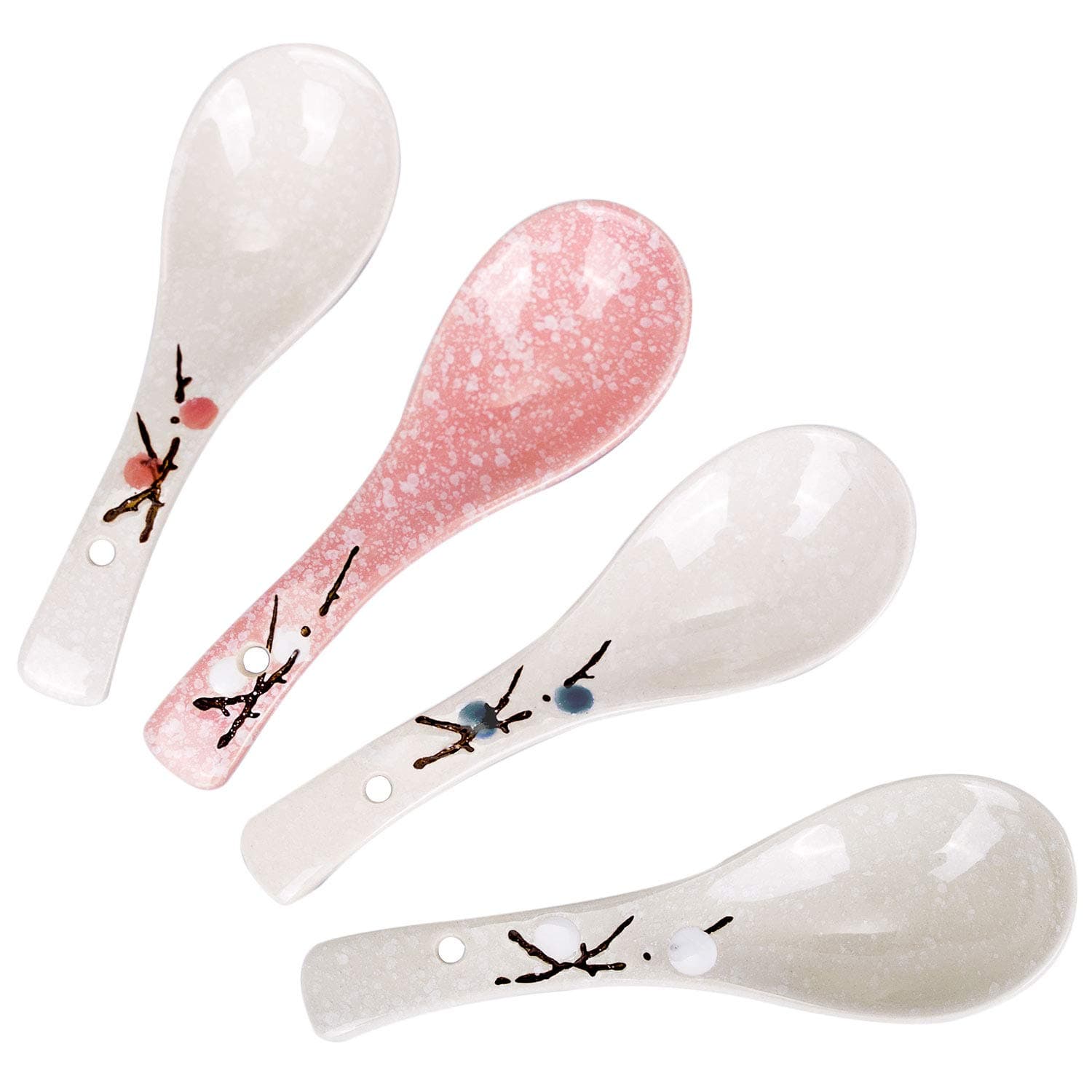 VanEnjoy Set of 4 Chinese/Japanese Ceramic Soup Spoons, Pink Cherry Blossom in Snow Pattern Ceramic Spoon Suitable for Soup