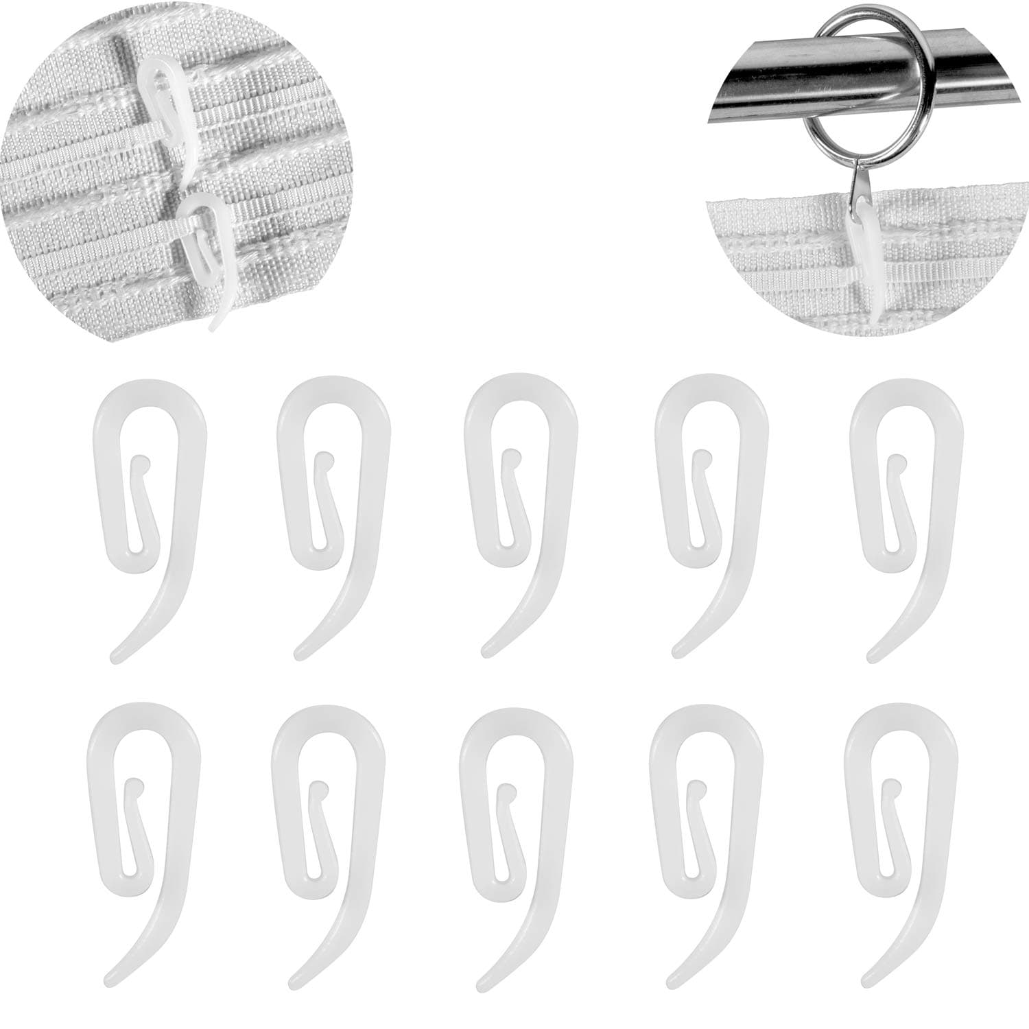 BINTU White Plastic Curtain Hooks for Door Curtain,Window Curtain,Curtain Header Tape Drapery Hooks 100 Pack 2.8x1.2cm