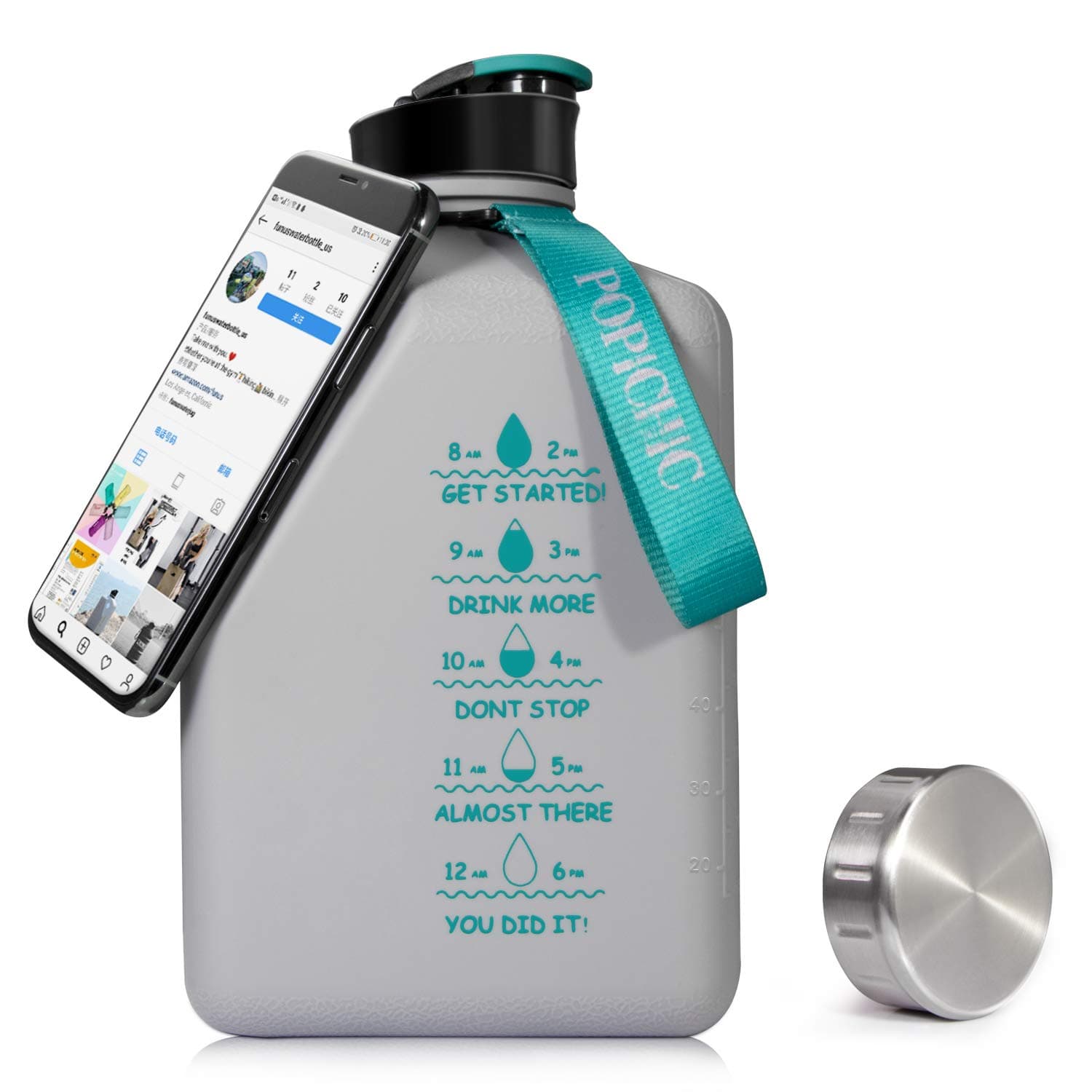 POPICHIC Gallon Water Bottle with Time Marker BPA Free Motivational Water Jug for Sports and Gym Water Jug for Work Out Camping Hiking - 2.7L/91oz- Grey