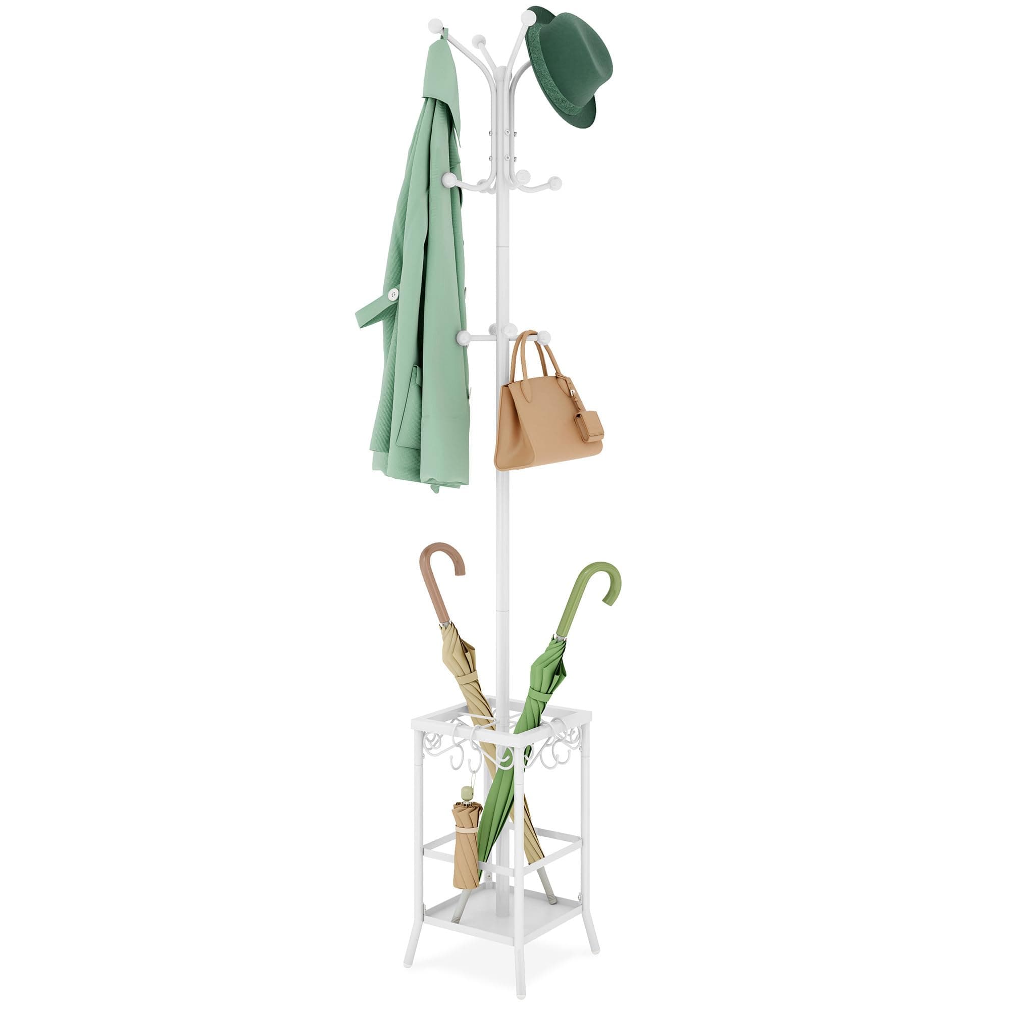 Hoctieon Coat Rack Freestanding,Entryway Coat Hanger Stand,Umbrella Holder,Hall Tree With 12 Hooks,Standing Coat Rack,Floor Standing Metal Umbrella Tree Stand, White