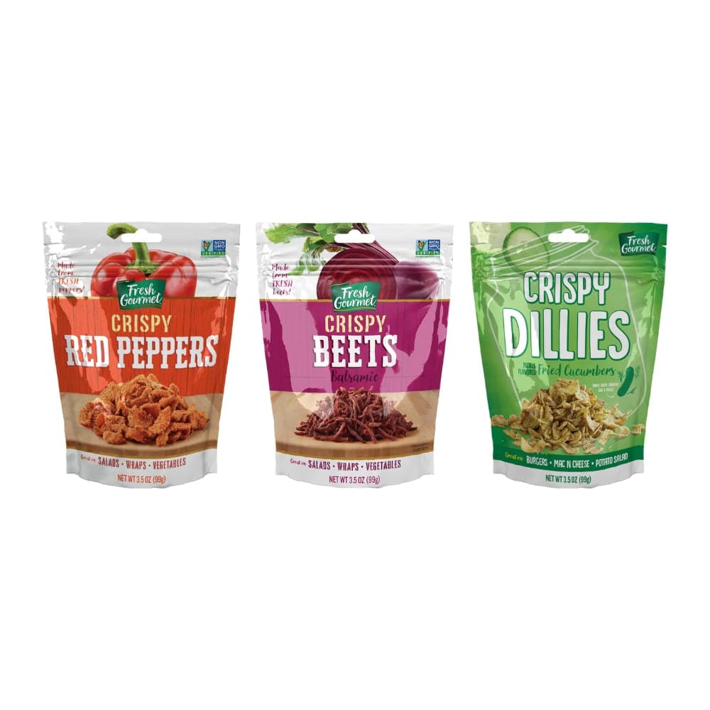 Fresh Gourmet, Perfect for Salads, Snacks, and Toppings – Crispy Balsamic Beets, Crispy Red Peppers & Pickle-Flavored Crispy Dillies – 3.5 oz Each (3-Pack) Variety Pack