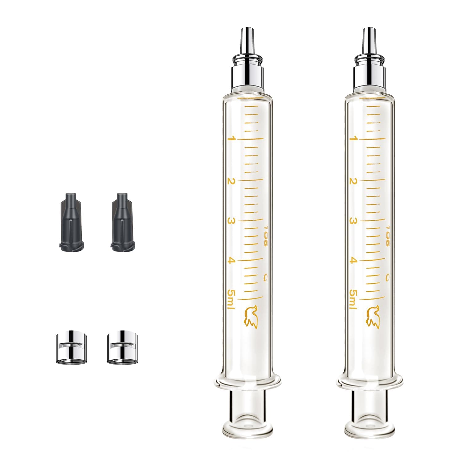 2Pack 5ml/cc Glass Syringe With Metal Luer Lock and Caps for Liquid, Borosilicate Glass Syringe for Oil or Glue Applicator,No Needle