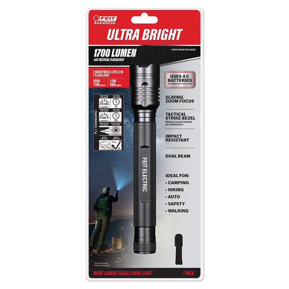 FL1700 Ultra Bright 1700/600 Lumens 4-Cell C, Zoomable Strike Bezel LED Tactical Flashlight, 9.76" L x 1.54" D, Black