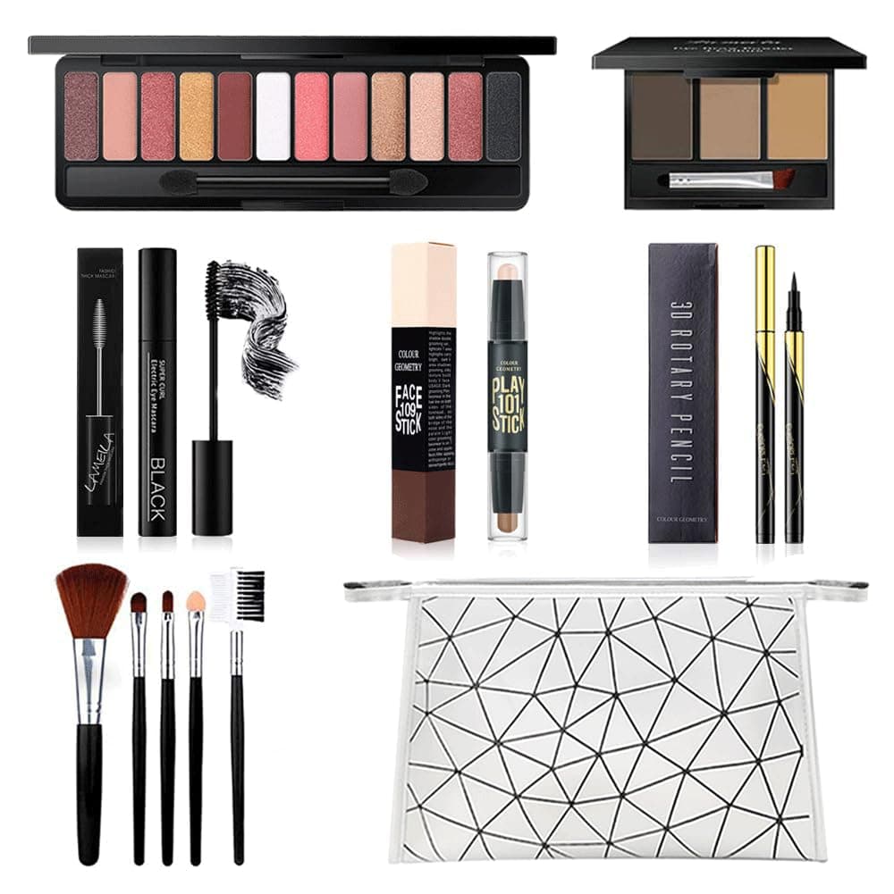 All in One Makeup Kit, Includes 12 Colors Eyeshadow Palette, 5PCS Brush Set, 3 Colors Eyebrow Powder, Waterproof Black Eyeliner & Mascara, Magic Contour Stick With Cosmetic Bag Makeup Set