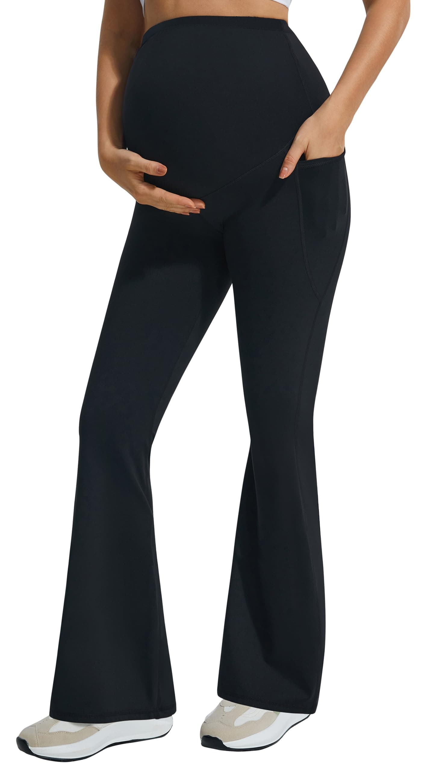 Maternity Flare Leggings Over The Belly with Pockets – Soft, Comfortable Pregnancy Yoga & Daily & Work Pants
