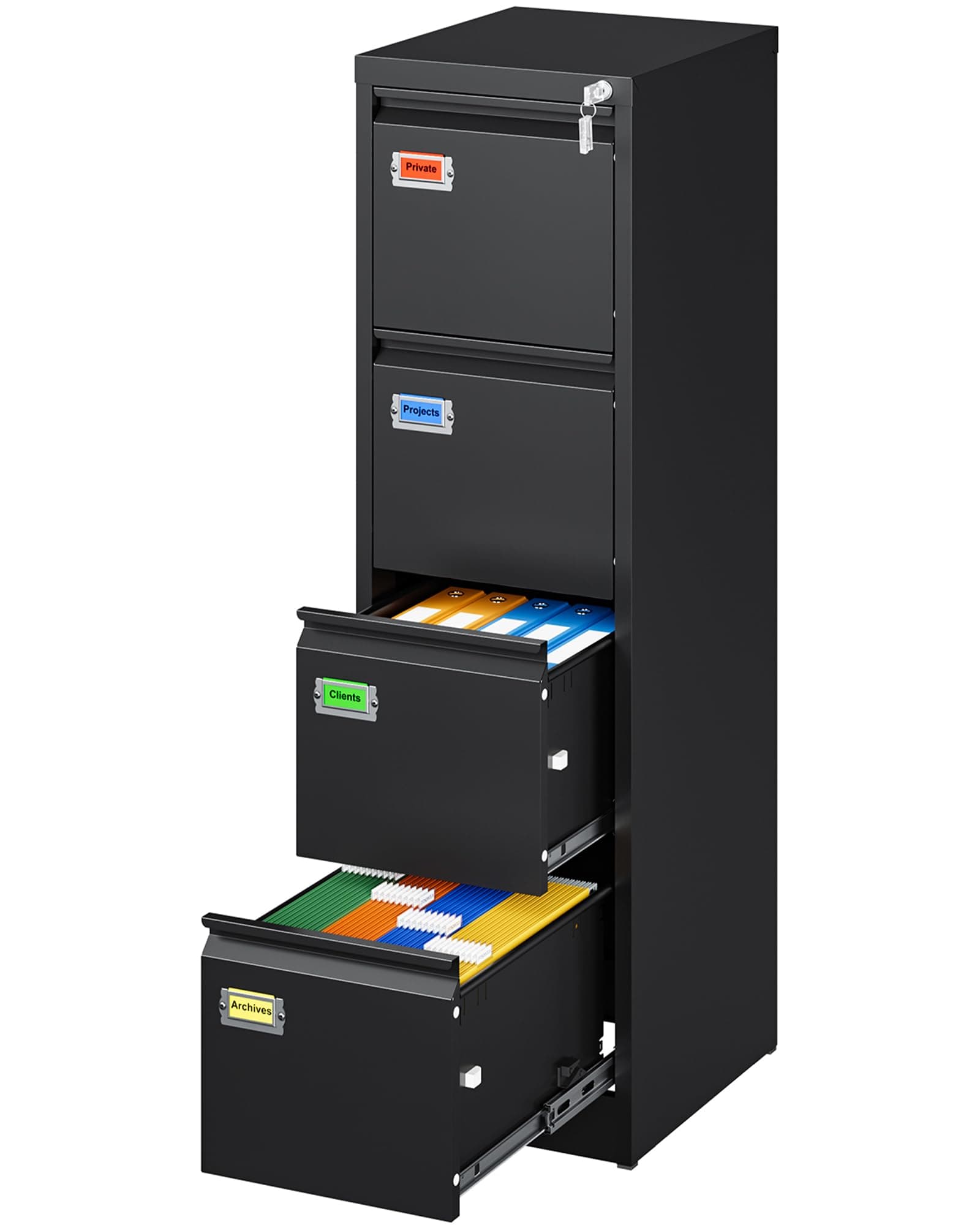 4 Drawer File Cabinet, Vertical Filing Cabinets with Lock, Metal File Cabinets for Home Office, Anti-Tip 4 Storage Drawers for Letter/Legal/A4/F4 Size (Assemble Required, Black)