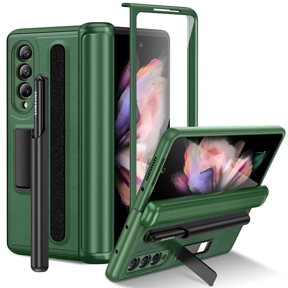 VEGO for Galaxy Z Fold 3 Case with Removable S Pen Holder, Magnetic Kickstand Case with [Hinge Protection & Front Screen Protector], Luxury PU Leather Protective Cover for Galaxy Z Fold 3 5G - Green