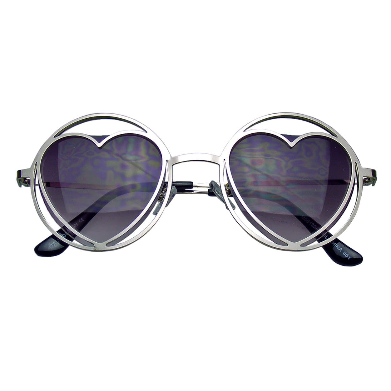 Womens Round Metal Heart Shape Hippie Circle Sunglasses (Silver)