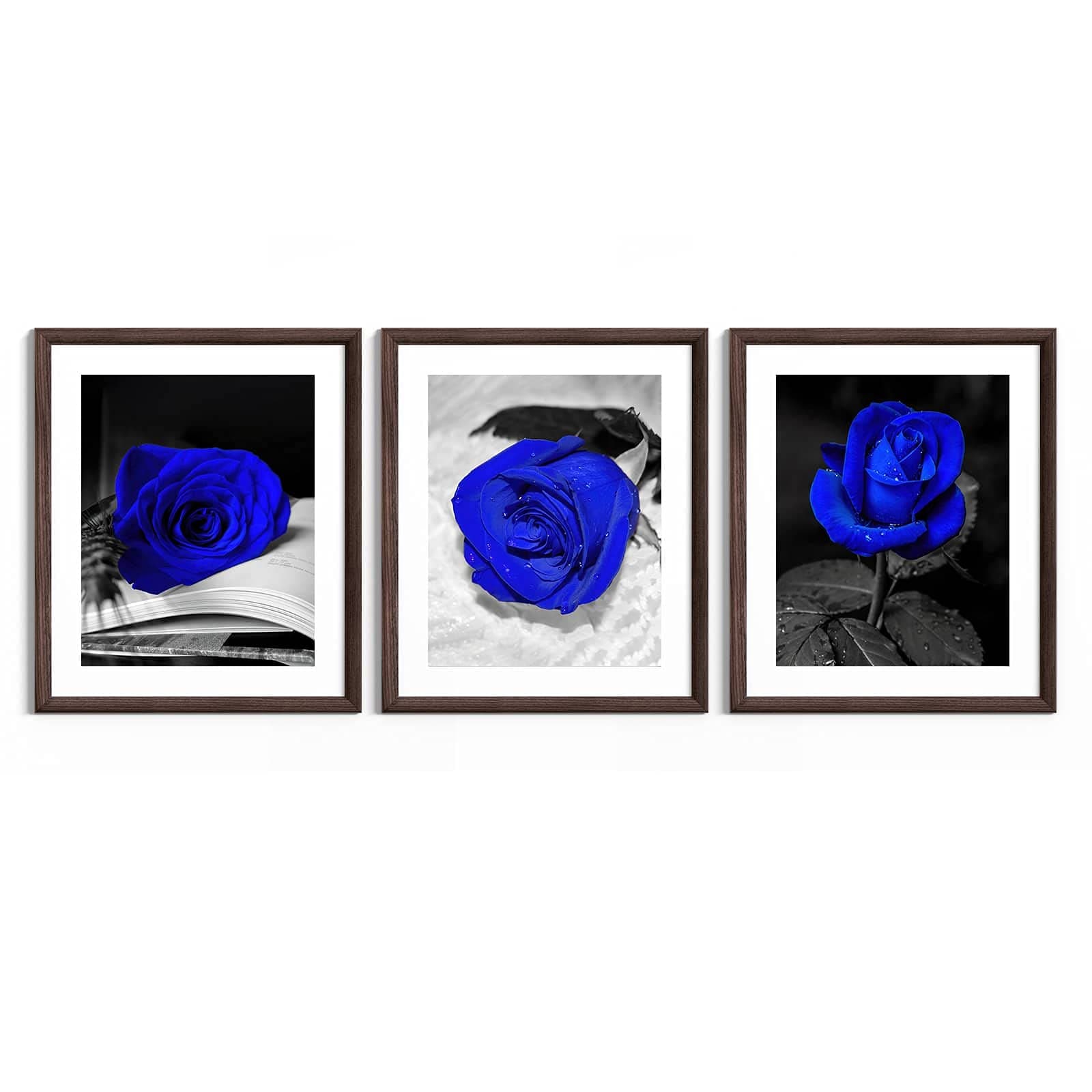 KUFENG ART 3 pc Floral Picture Painting Prints - Royal Blue and Gray Flower Wall Art White and Black Wall Decor - Blue Rose Canvas Wall Art, Blue Rose-Unframed Style, 18Inx 24In - (45x60cm)
