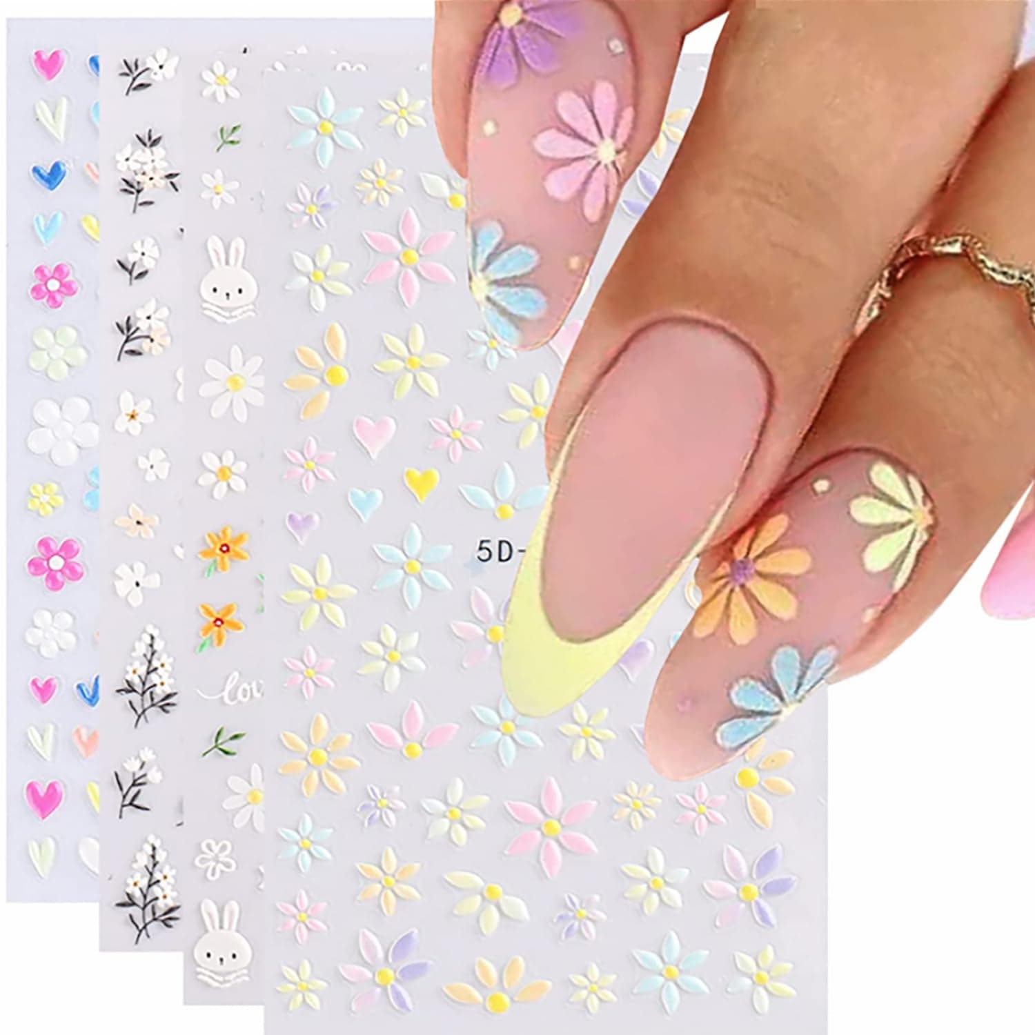 Flower Nail Art Stickers 5D Embossed Nail Decals Spring Summer Self-Adhesive Nails Supplies Accessories 3D Flower for Women Nails Design Decoration