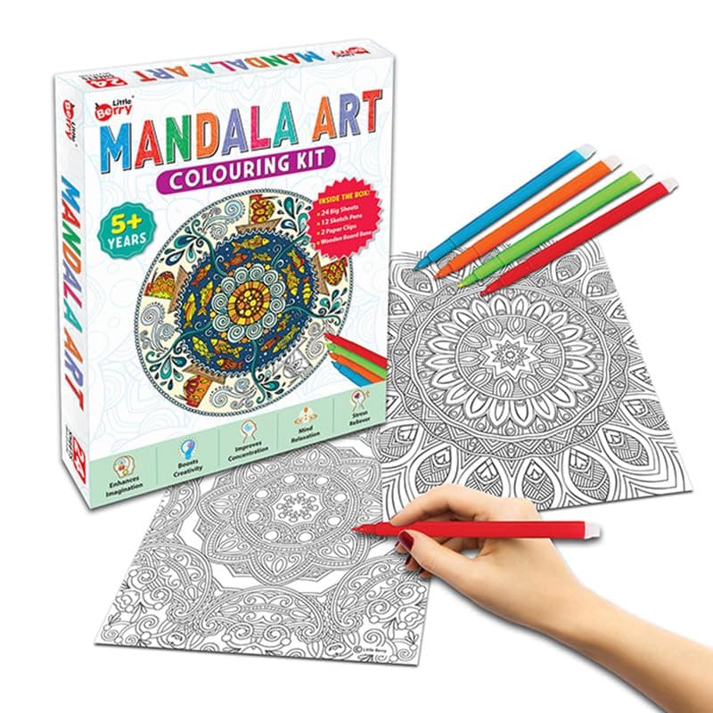 Little Berry Mandala Art Colouring Kit 24 Sheets for Adults & Kids | Art & Craft Kit for Girls 6-12 Years | Colouring Set with, Sketch Pens & Wooden Board | Gift & Creative Coloring Fun for All Ages