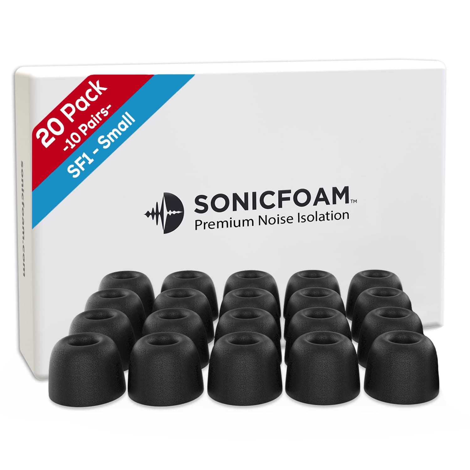 SONICFOAM (SF1 Small Black) Memory Foam Earbud Tips for Earbuds with Speaker Diameter 5.8-6.5mm - (20 Pack / 10 Pairs)