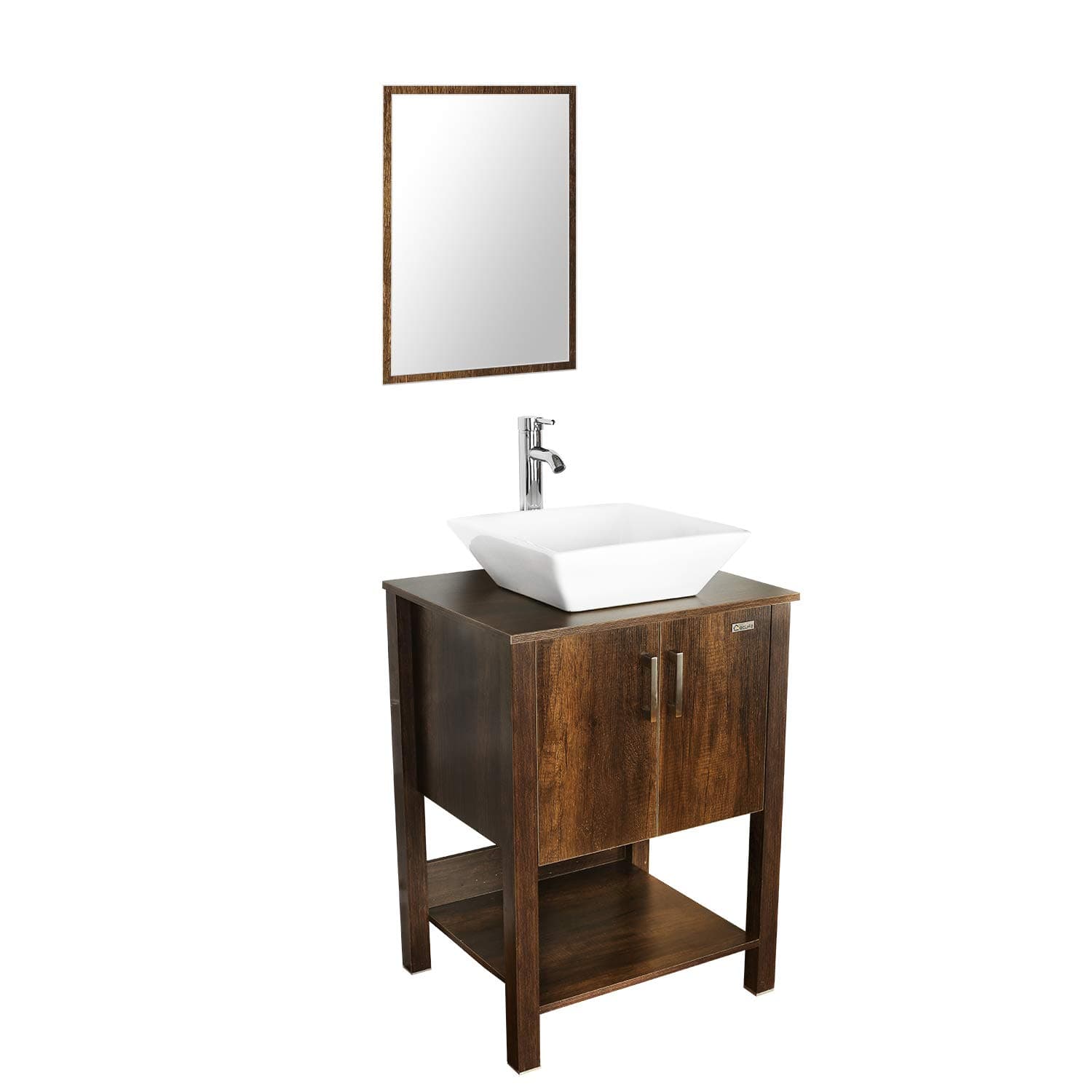 eclife 24” Bathroom Vanity Sink Combo Brown Cabinet Modern Stand Pedestal W/Square White Ceramic Vessel Sink, Chrome Bathroom Solid Brass Faucet and Pop Up Drain Combo, W/Mirror (A07 B12C)