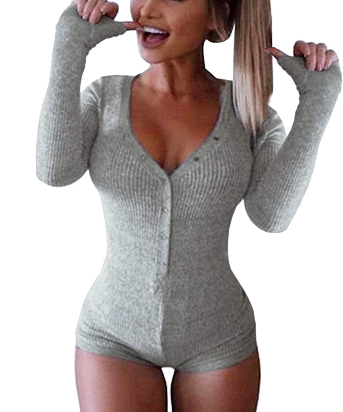 Women's Sexy Deep V Neck Shorts Long Sleeve Knitted One Piece Bodysuit Sexy Pajama Onesie Bodycon Rompers Overall