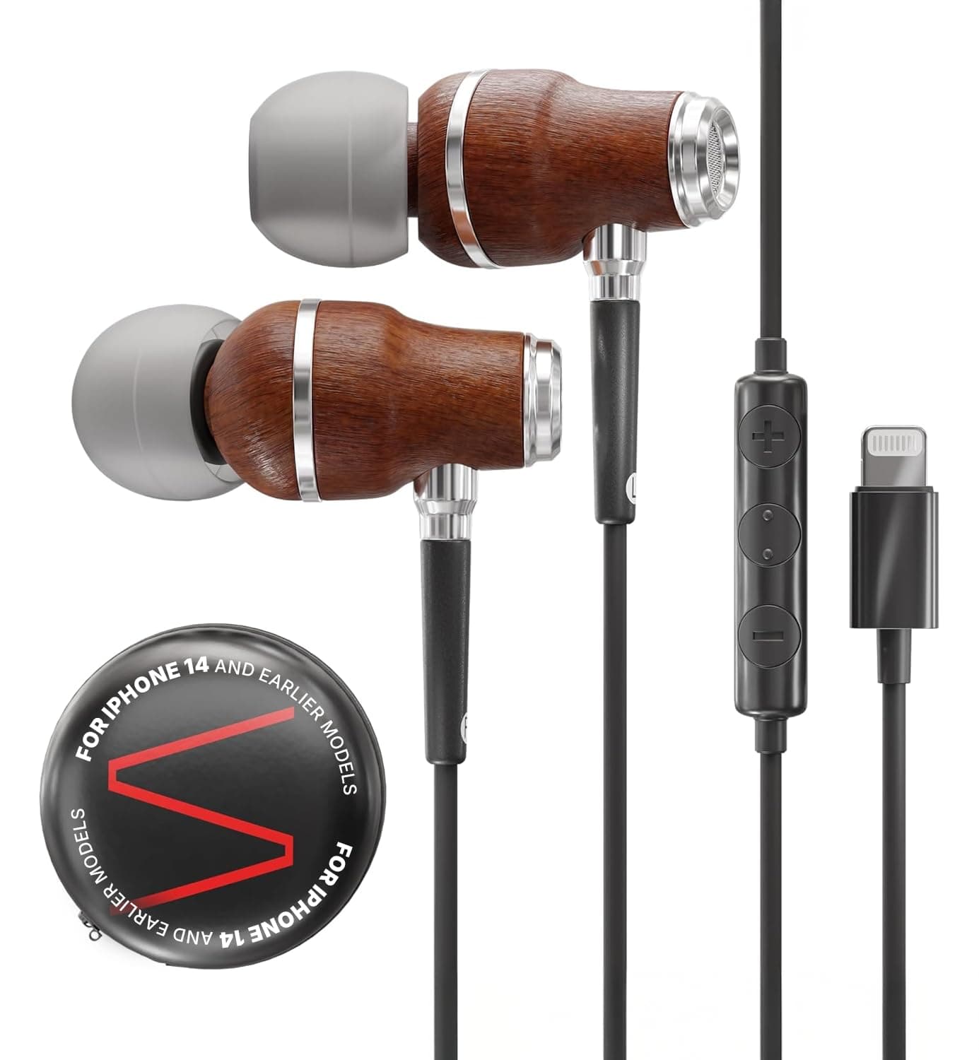 Wired Earbuds for iPhone with Microphone – NRG MFI Apple Headphones with Lightning Connector – Corded Ear Buds with Mic – Wood Earphones for iPhone 13/12/11/XS/XR/X/8/7/SE (Black)
