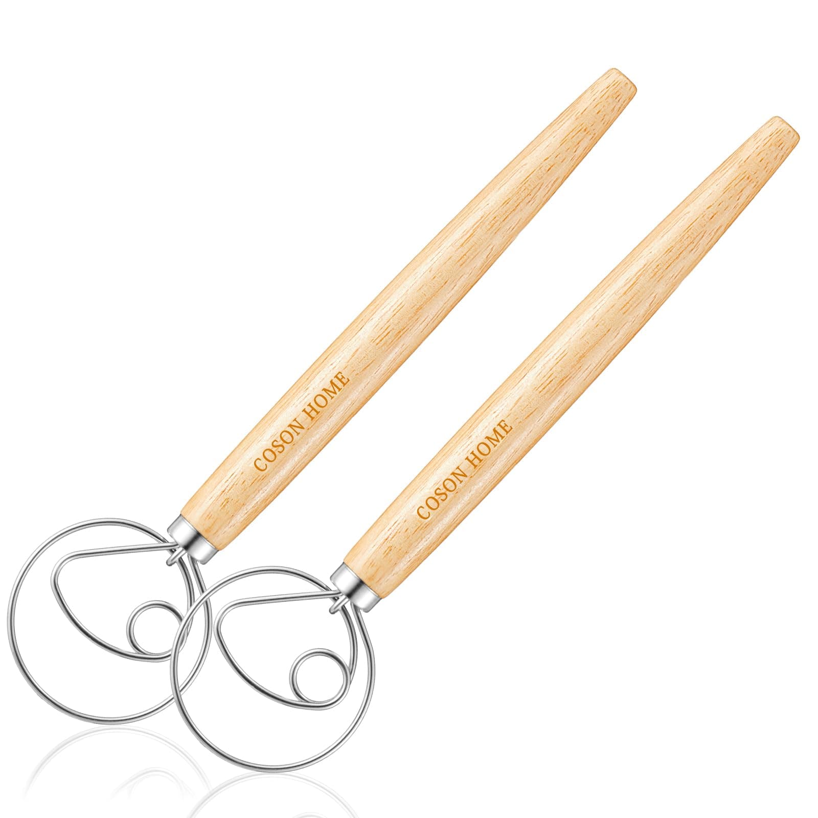 Pack of 2 Danish Dough Whisk, Kitchen Baking Flour Mixing Tool for Sourdough, Bread, Flour Paste, Butter, Pancake, Pizza, Cake, Pastry, Biscuits, Wooden Handle Stainless Steel Ring