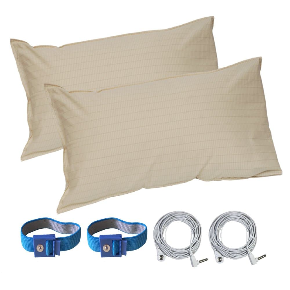 LandKissing® Grounding Pillowcase (2 Sets) (Size 31"x20") Beige with 2 Straight Cords and 2 Wrist Band - Reduce Inflammation, Improve Sleep and Anxiety. Benefits The Power of Grounding