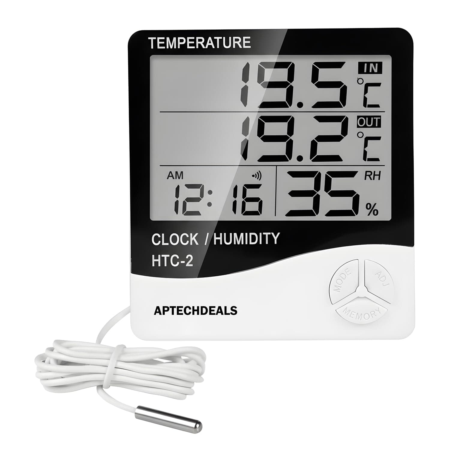 ApTechDeals Digital Hygrometer Thermometer Humidity Meter With Clock LCD Display (HTC2)