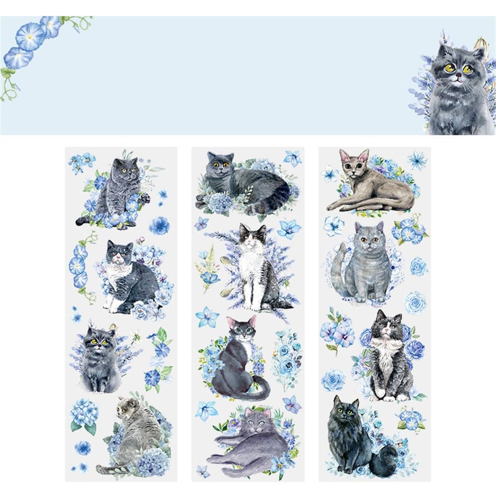 PET Stickers for Scrapbooking Kit Docile Blue Cat Aesthetic Paper Diary Planner Junk Journaling Decorative Supplies 6 Pcs/Pack