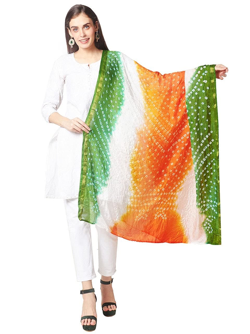 DUPATTA BAZAAR Women's Tricolour/Tiranga Bandhini Silk Dupatta for Independence Day, Multicolor, Free