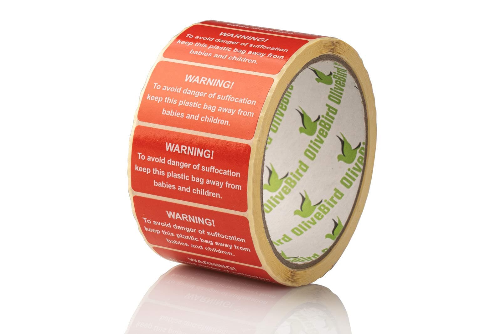 OliveBird 500 Suffocation Warning Labels for Cellophane Bags Warning of Suffocation Safety Stickers Size 50x25mm / 500pcs. per 1 roll.