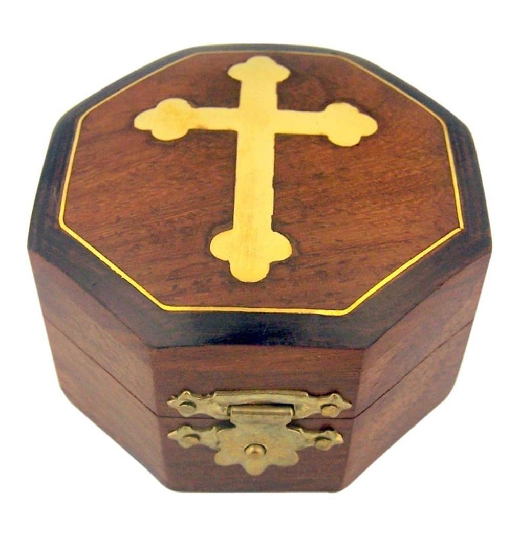 CB Brown Wood Rosary Jewelry Keepsake Treasure Box with Gold Budded Cross