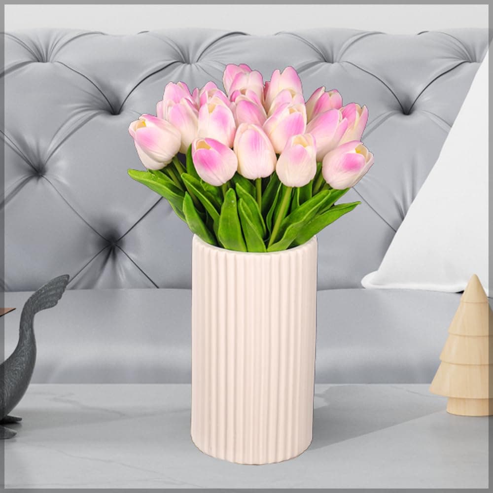 – YATAI Artificial Tulips Flowers with Vase, Realistic Faux Potted Tulips, Realistic Faux Flower Arrangement with Ceramic Vase, Maintenance-Free Fake Flowers for Home Office Room Decor (Pink Tulip)